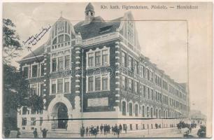 1926 Miskolc, Királyi katolikus főgimnázium, homlokzat, leporello belül 10 képpel (közte, tanári szoba, rajz és torna terem, belsők, bejárat, folyosó)
