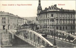 Kolozsvár, Cluj; Ferenc József út, Nagy Szamos híd, liszt raktár / street, bridge, shop