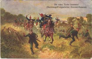 1916 Die roten Teufel kommen! (Sturmangriff ungarischer Honvéd-Husaren) / WWI Austro-Hungarian K.u.K. military art postcard, attack of the Hungarian hussars s: F. Höllerer (EK)