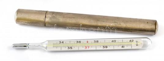 Lázmérő, higanyos, kopott alumínium tokban,12,5 cm, tok: 13,5 cm