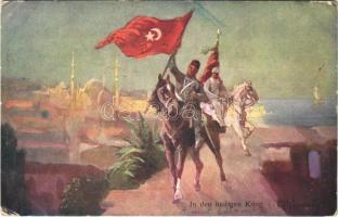 1915 In den heiligen Krieg / WWI Austro-Hungarian K.u.K. military art postcard, Ottoman soldiers. B.K.W.I. 259-109. + 15 cm Haubitzbatterie No. 37. K.u.K. Festungsartilleriekompagnie No. 16/6. (EK)