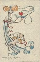 Venus, Amor, Secession / Art Nouveau lady art postcard. Stengel & Co. artist signed (ragasztónyom / glue mark)