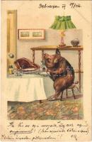 1899 Pig eating meat. litho