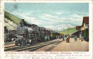1904 Sankt Michael in Obersteiermark (Steiermark), Schnellzug Wien-Pontafel, Station St. Michael / railway station, express train, locomotive. Verlag v. Karl Goritschnig (EK)