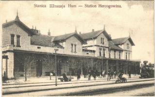 Hum, Stanica / Station / railway station in winter, locomotive, train, handcar, railwaymen. Ossko Fotograf (Sarajevo) (Rb)