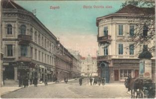 1910 Zagreb, Zágráb; Marije Valerije ulica, Udruga, Mjenjacnica, Hrvatska Pucka Banka, Austrijski Phönix, Dr. A. Padelic / street, bank, shops / utca, bank, üzletek + FIUME-ZÁGRÁB 64. SZ. mozgóposta (fl)