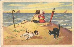 1927 Children art postcard, romantic couple with dogs on the beach. WSSB Serie 9690/4. (EK)