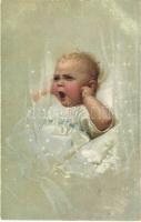 Children art postcard, crying baby