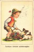 1942 Szívélyes üdvözlet születésnapjára / Children art postcard with birthday greeting, boy with flowers and dog