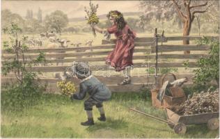 1914 Children art postcard, boy and girl with sheep. M. Munk Vienne Nr. 836. (EK)