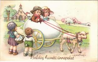 1940 Boldog húsvéti ünnepeket / Children art postcard with Easter greeting, egg shaped cart s: A. Bertiglia (EK)