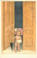 Children art postcard, nude child with hat and umbrella. M. Munk Wien Nr. 998.
