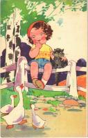 1943 Children art postcard, girl with cat and geese