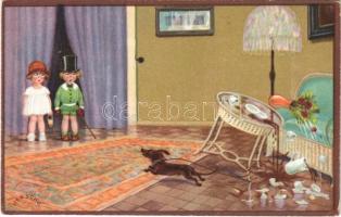 Children art postcard, romantic couple with Dachshund dog. Wenau-Delila 2234. s: Herschu (EK)