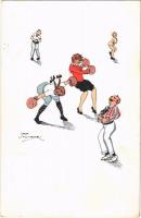 Lányok ha boxolnak kacagnak a férfiak. Hímsoviniszta humoros lap / Men laughing at boxing girls. Sexist mocking postcard. P.F.B. 2119/1. s: Jack Number
