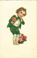 Children art postcard, boy with roses. B.R.C. 7430. (EB)