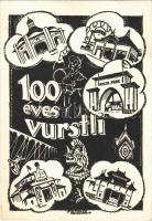 1938 Budapest XIV. 100 éves a vurstli. A budapesti városligeti vurstli 100. évfordulójára készített egyedi ritka művészlap / 100th anniversary of the Budapest amusement park, rare art postcard s: Sostarics Lajos és Zámborszky (EB)
