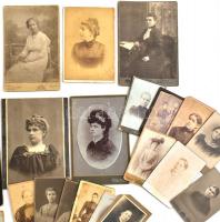 cca 1870-1922 Hölgyportrék, 44 db keményhátú műtermi fotó, vizitkártya és igazolványkép, köztük több...