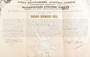 1878 Középszolnoki (Erdély) főesperesi kinevezés báró Bémer Pál részére Ferencz József király és Tre...