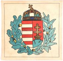 cca 1930 Nagyméretű magyar címer korabeli rajza, tus, akvarell, papír, 30×31 cm