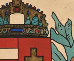 cca 1930 Nagyméretű magyar címer korabeli rajza, tus, akvarell, papír, 30×31 cm