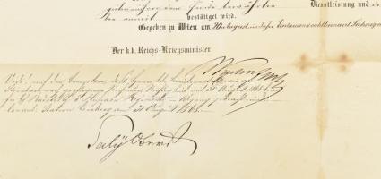 1868 Katonai végelbocsájtó levél (obsit) hidegkuti Steinbach Ervin részére az 5. gróg  Radetzky husz...