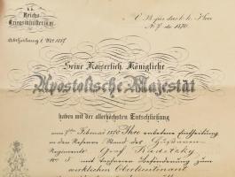 1870 Főhadnagyi kinevezés hidegkuti Steinbach Ervin részére az 5. gróf Radetzky huszárezredbe. Hajtv...