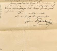 1870 Főhadnagyi kinevezés hidegkuti Steinbach Ervin részére az 5. gróf Radetzky huszárezredbe. Hajtv...