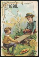 1899 Kártyanaptár litografált képpel. Steinschneider Jakab udavri szállító reklám bélyegzőjével 5x7,5 cm