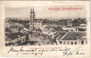1901 Kiskunfélegyháza, Félegyháza; Város részlet a Kossuth utcával, templom, szélmalom, üzletek. Vesszősi József kiadása (EB)