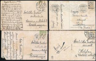 cca 1914-1915 4 db megírt, futott képeslap eltávolított bélyeggel, bélyeg alatti rejtett üzenetekkel