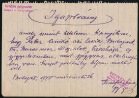 1945 Bp., A Városháza Gyógyszertár Patakfalvy János tulajdonos saját kezű írásával és aláírásával, pecsétjével kiadott igazolás gyógyszerésznő alkalmazásáról és annak politikai inaktív voltálról