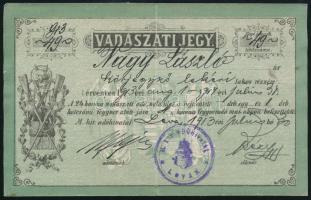 1913 Vadászati jegy Nagy László lekéri (Felvidék, Nyitra megye) körjegyző részére kiállítva, enyhén hajtva, jó állapotban
