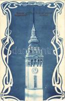 Nagykőrös, Református templom új tornya. Geszner Jenő kiadása. Art Nouveau keret (vágott / cut)
