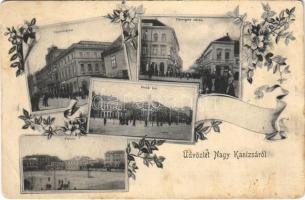 1908 Nagykanizsa, Városháza, Csengeri utca, üzletek, Deák tér, Fő tér. Alt és Böhm kiadása. Art Nouveau, floral (EB)