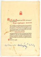 1939 Az Erdélyi Szépmíves Céh díszoklevele Bánnffy, Kemény és Kós Károly facsimile aláírásával 24x32 cm