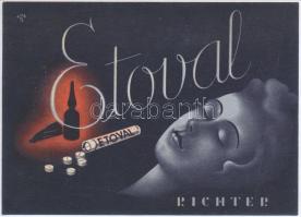 1949 A Richter Gedeon Gyógyszergyár Etoval és Etovaletta tablettáinak dekoratív reklámlapja orvosnak elküldve, Kun S. grafikája, szép állapotban, 12×16,5 cm