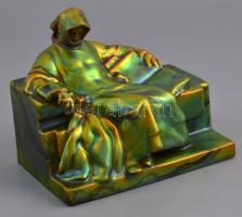 Zsolnay eozin mázas Anonymus szobor. Jelzett. sérült, kis hiánnyal. 16x14 cm