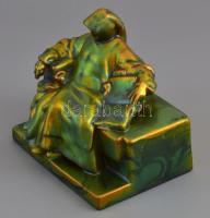 Zsolnay eozin mázas Anonymus szobor. Jelzett. sérült, kis hiánnyal. 16x14 cm