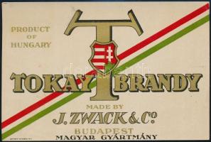 cca 1947 Tokay Brandy, Zwack gyártmányú nemzeti címeres dekoratív italcédula, szép állapotban