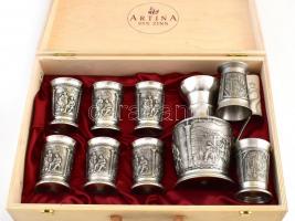 "SKS zinn" készlet, 6 db pohár + 1 db kiöntő, jó állapotban, eredeti dobozában + 2 db pohá...