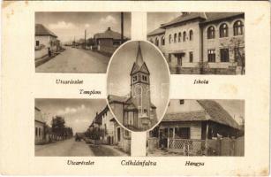 Csíkdánfalva, Danesti; utca, iskola, templom, Hangya üzlete / street, school, church, cooperative shop