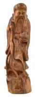Távol-keleti bölcs faragott keményfa szobor, m: 22 cm