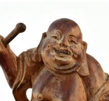 Nevető Buddha faragott keményfa szobor, m: 21 cm