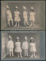 cca 1910 Bohócnak öltözött gyerekek, variációk egy témára, 2 db keményhátú fotó Batka Sándor temeskubini műterméből, 10,5×16,5 cm
