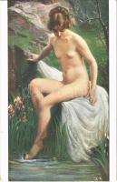 La Nymphe aux Iris / Die Nymphe mit den Schwertlilien / The Nymph with sword lilies Erotic nude lady art postcard. Société des Artistes Francais. Salon de Paris. ND Phot. s: Mme Grenouilloux-Fleuron