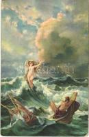 Odyseus und Leukothea / Erotic nude lady art postcard. Stengel s: Preller (vágott / cut)