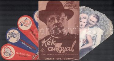 cca 1930-1960 Mozifilm reklámok: A kék angyal (Emil Jannings), füzet kisebb szakadásokkal + 2 db legyező alakú reklámlap (Táncol a kongresszus, Kigyúlnak a fények, stb.), az egyik kihajtható, viseltes állapotban