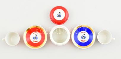 Hollóházi nemzetközi nőnap dekoros retro cukordoboz és két mokkás csésze, aljjal. Matricás, jelzett,...