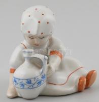 Zsolnay porcelán kislány korsóval, kézzel festett, jelzett, hibátlan, m:7,5 cm (tervező:Sinkó András)